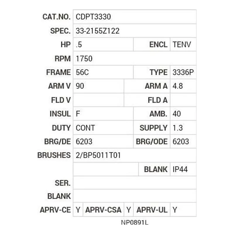 CDPT3330 Baldor .5 HP, 1750 RPM, DC, 56C, 3336P, TENV, F1 Motor Nameplate - view 2