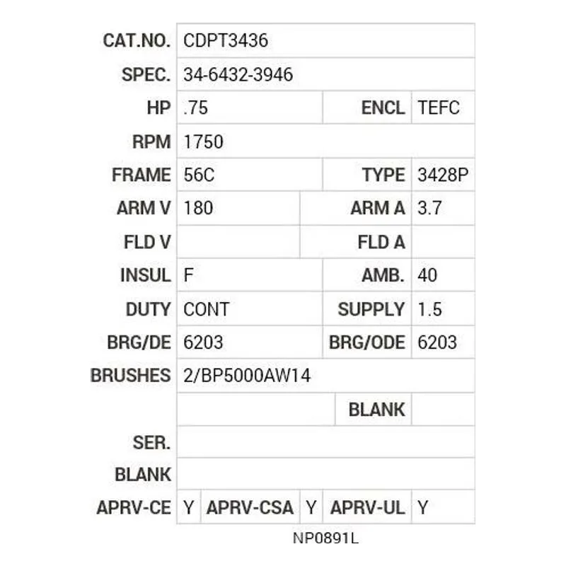CDPT3436 Baldor .75 HP, 1750 RPM, DC, 56C, 3428P, TEFC, F1 Motor Nameplate - view 2