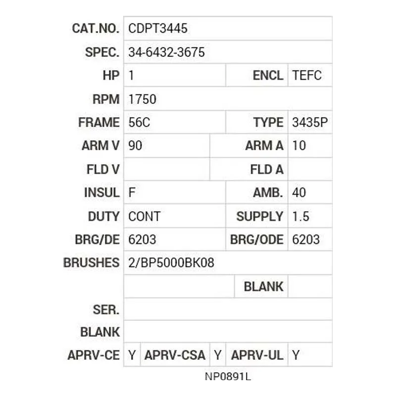CDPT3445 Baldor 1 HP, 1750 RPM, DC, 56C, 3435P, TEFC, F1 Motor Nameplate - view 2