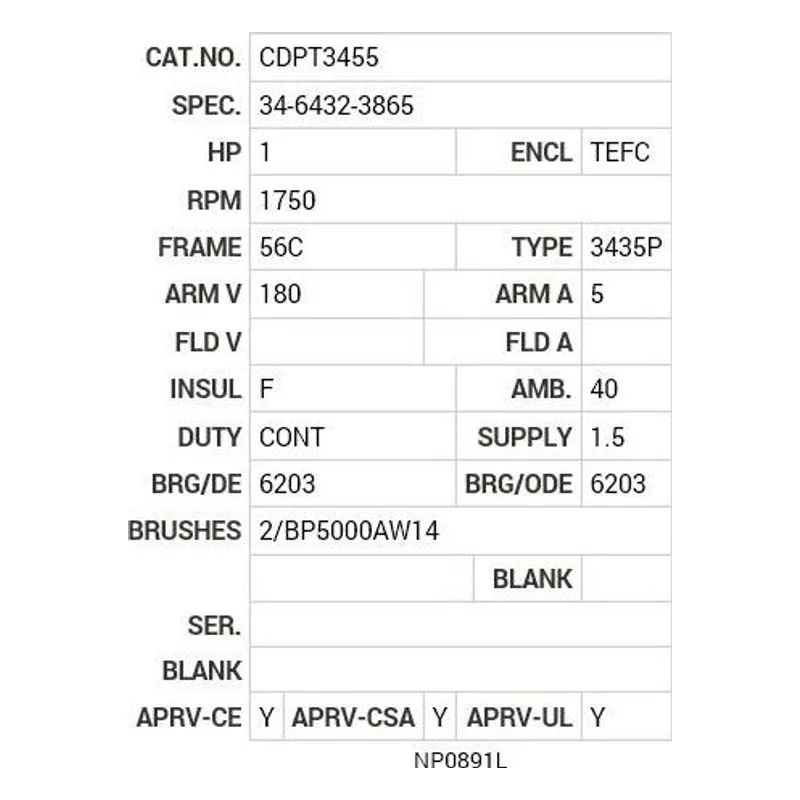 CDPT3455 Baldor 1 HP, 1750 RPM, DC, 56C, 3435P, TEFC, F1 Motor Nameplate - view 2