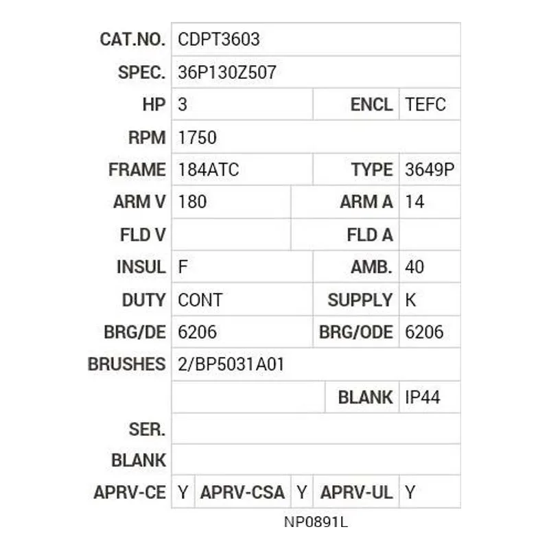 CDPT3603 Baldor 3 HP, 1750 RPM, DC, 184ATC, 3649P, TEFC, F1 Motor Nameplate - view 2