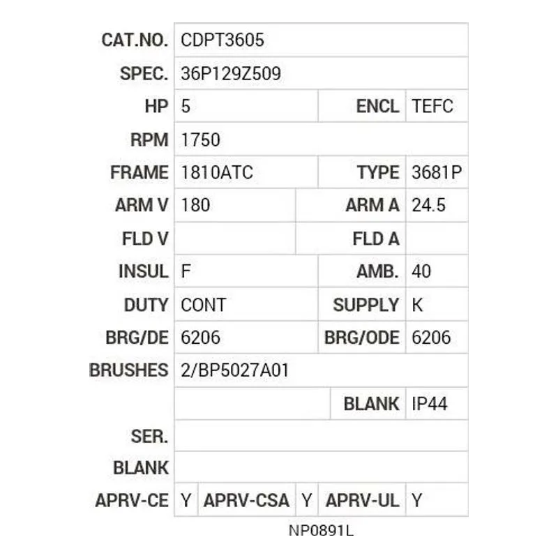CDPT3605 Baldor 5 HP, 1750 RPM, DC, 1810ATC, 3681P, TEFC, F1 Motor Nameplate - view 2