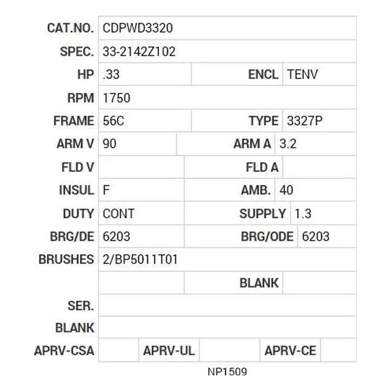 CDPWD3320 Baldor .33 HP, 1750 RPM, DC, 56C, 3327P, TENV, F1 Motor Nameplate - view 2