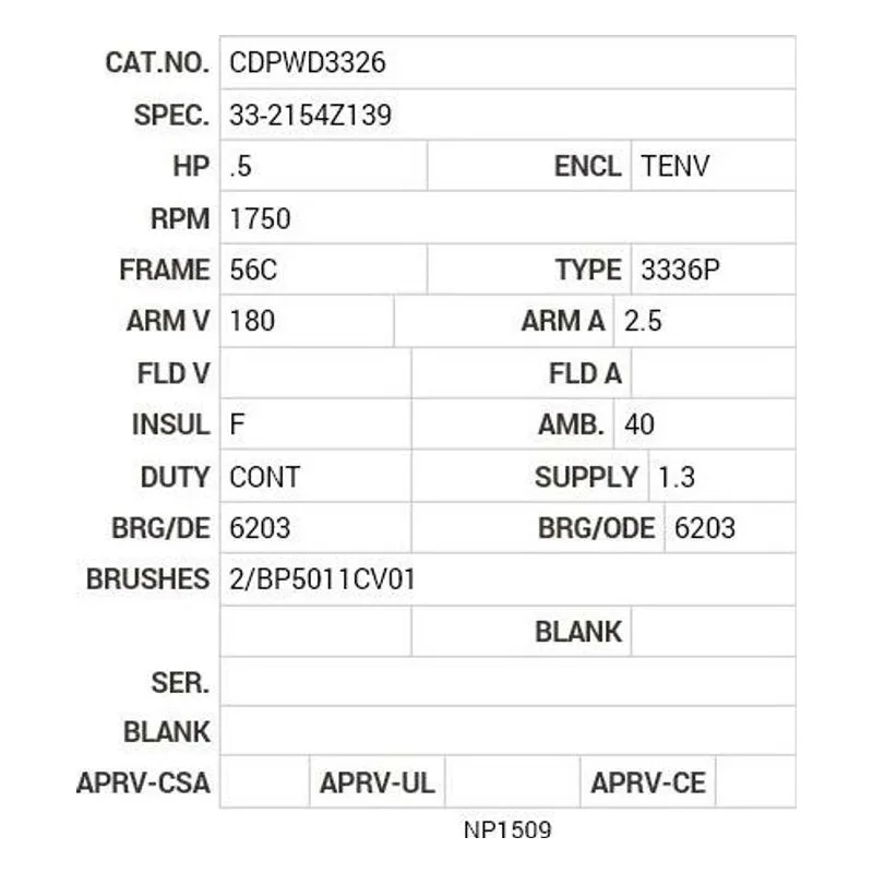 CDPWD3326 Baldor .5 HP, 1750 RPM, DC, 56C, 3336P, TENV, F1 Motor Nameplate - view 2