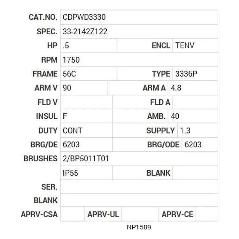 CDPWD3330 Baldor .5 HP, 1750 RPM, DC, 56C, 3336P, TENV, F1 Motor Nameplate - view 2