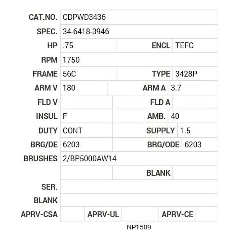 CDPWD3436 Baldor .75 HP, 1750 RPM, DC, 56C, 3428P, TEFC, F1 Motor Nameplate - view 2