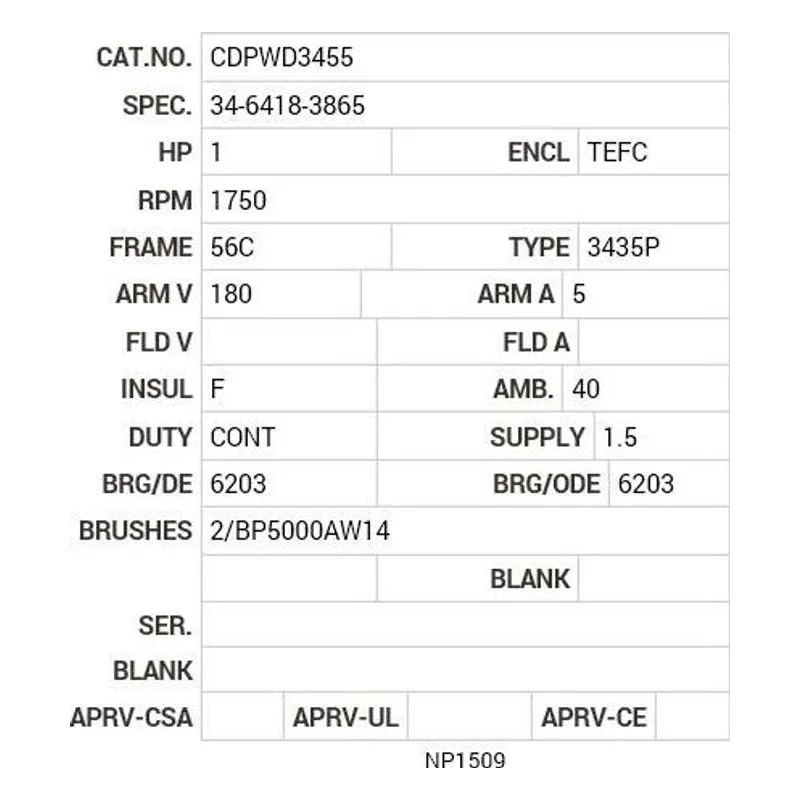 CDPWD3455 Baldor 1 HP, 1750 RPM, DC, 56C, 3435P, TEFC, F1 Motor Nameplate - view 2