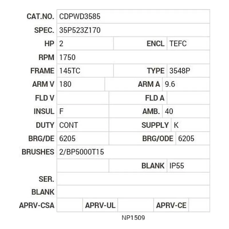 CDPWD3585 Baldor 2 HP, 1750 RPM, DC, 145TC, 3548P, TEFC, F1 Motor Nameplate - view 2