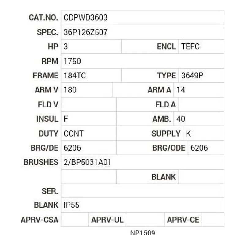 CDPWD3603 Baldor 3 HP, 1750 RPM, DC, 184TC, 3649P, TEFC, F1 Motor Nameplate - view 2