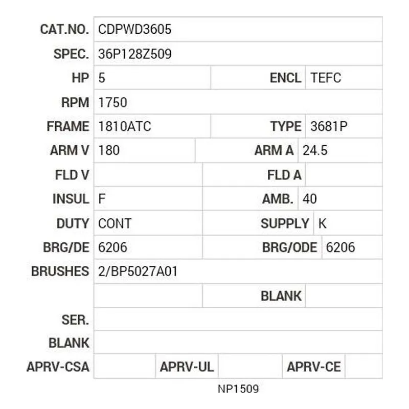 CDPWD3605 Baldor 5 HP, 1750 RPM, DC, 1810ATC, 3681P, TEFC, F1 Motor Nameplate - view 2