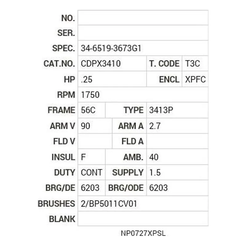 CDPX3410 Baldor .25 HP, 1750 RPM, DC, 56C, X3413P, XPFC, F1 Motor Nameplate - view 2