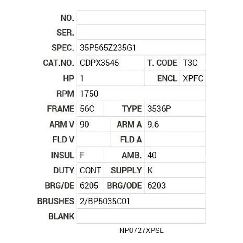 CDPX3545 Baldor 1 HP, 1750 RPM, DC, 56C, X3536P, XPFC, F1 Motor Nameplate - view 2