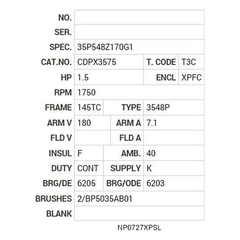 CDPX3575 Baldor 1.5 HP, 1750 RPM, DC, 145TC, X3548P, XPFC, F1 Motor Nameplate - view 2