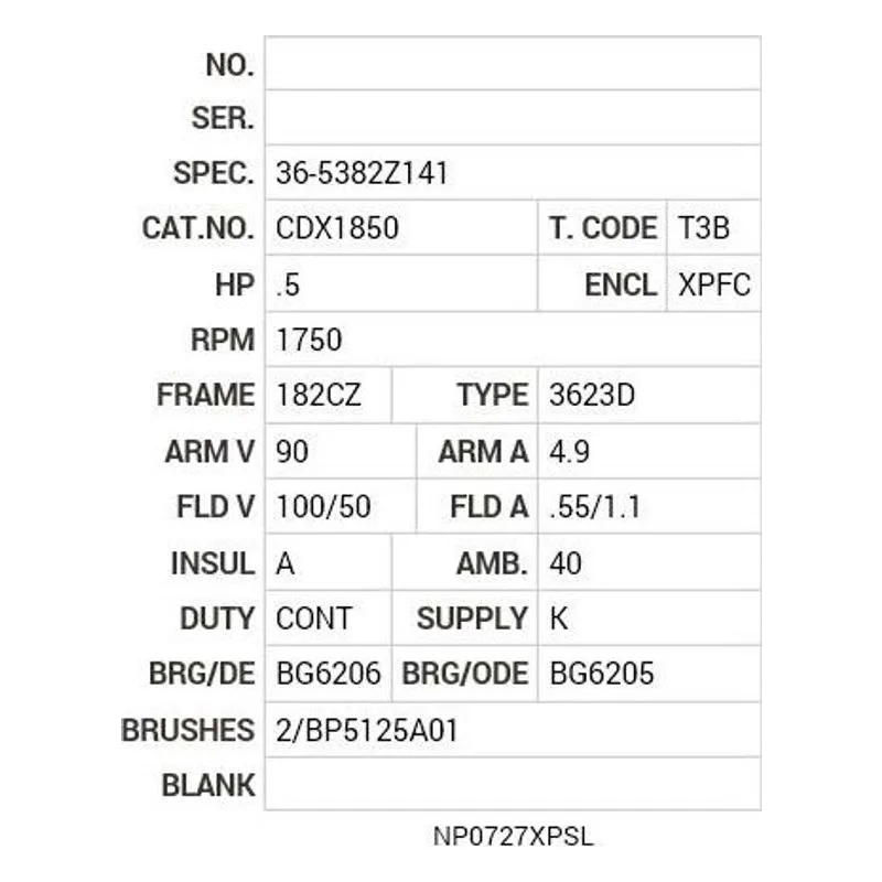 CDX1850 Baldor .5 HP, 1750 RPM, DC, 182CZ, X3623D, XPFC, F1 Motor Nameplate - view 2