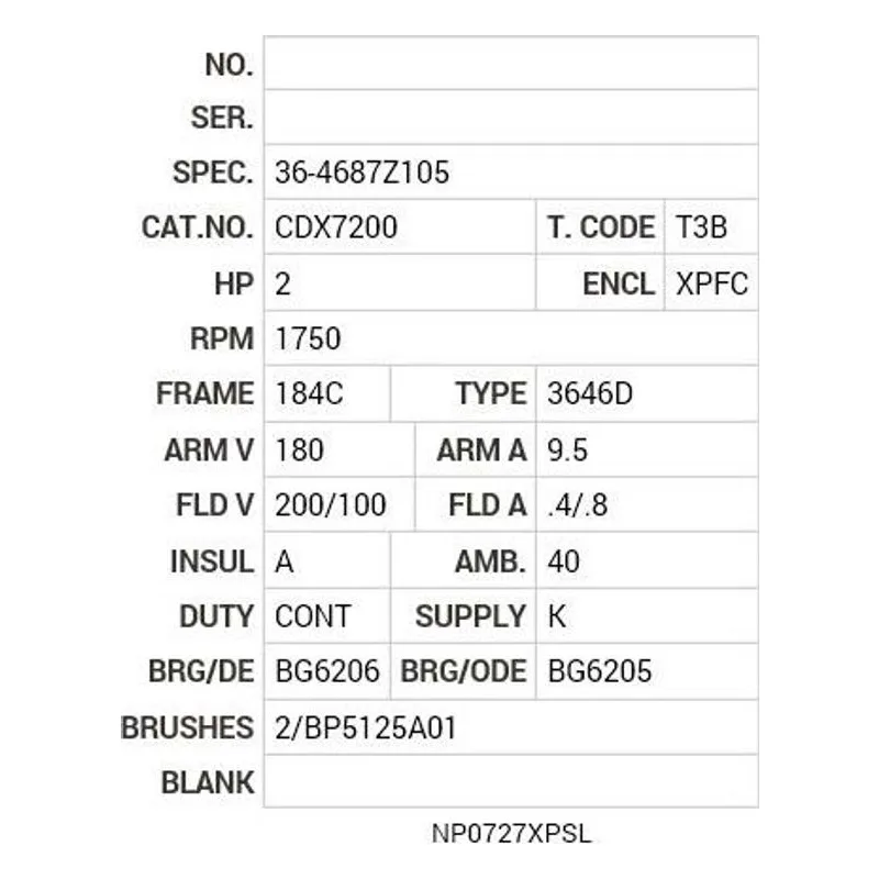 CDX7200 Baldor 2 HP, 1750 RPM, DC, 184C, X3646D, XPFC, F1 Motor Nameplate - view 2