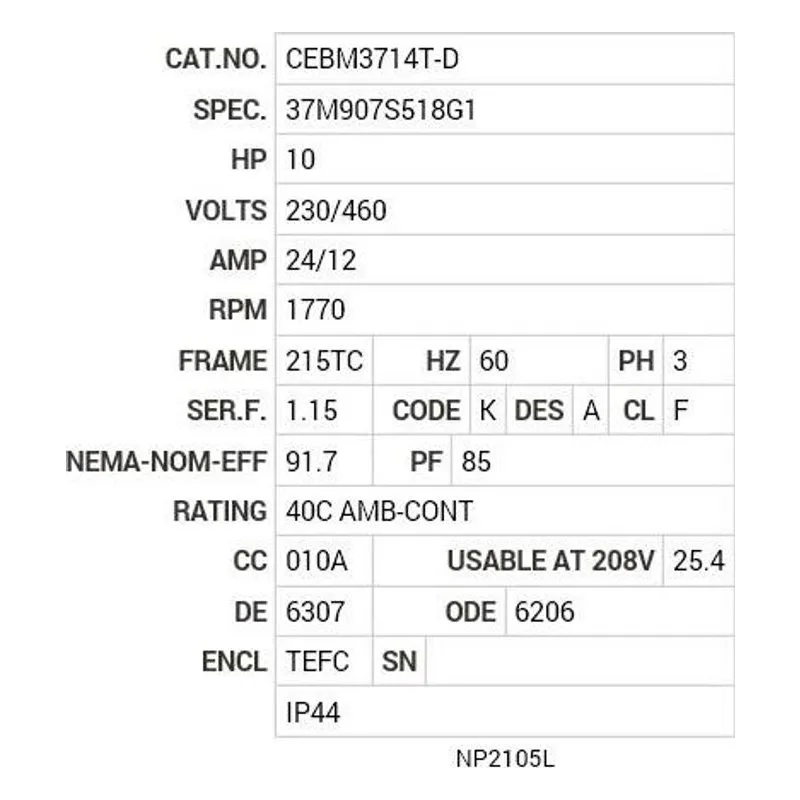 CEBM3714T-D Baldor 10 HP, 1770 RPM, 3 PH, 60 HZ, 215TC, 3752M, TEFC, F Motor Nameplate - view 2