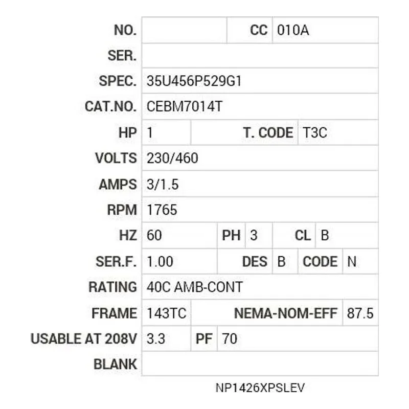 CEBM7014T Baldor 1 HP, 1765 RPM, 3 PH, 60 HZ, 143TC, 3524M, XPNV, F1 Motor Nameplate - view 2