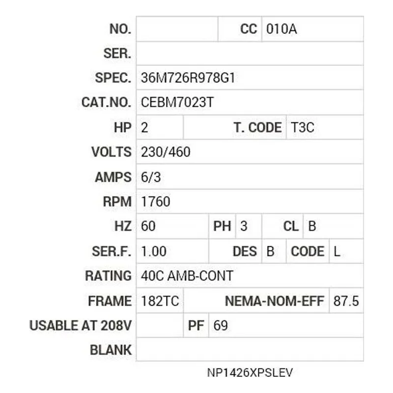 CEBM7023T Baldor 2 HP, 1755 RPM, 3 PH, 60 HZ, 182TC, 3624M, XPNV, F1 Motor Nameplate - view 2