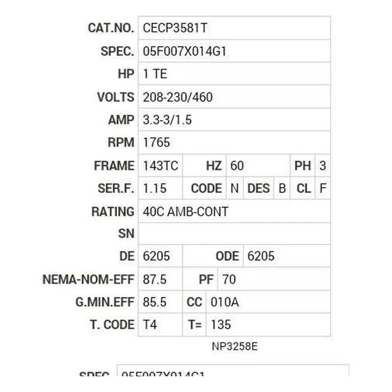 CECP3581T Baldor 1 HP, 1765 RPM, 3 PH, 60 HZ, 143TC, 0524M, TEFC, F1 Motor Nameplate - view 2