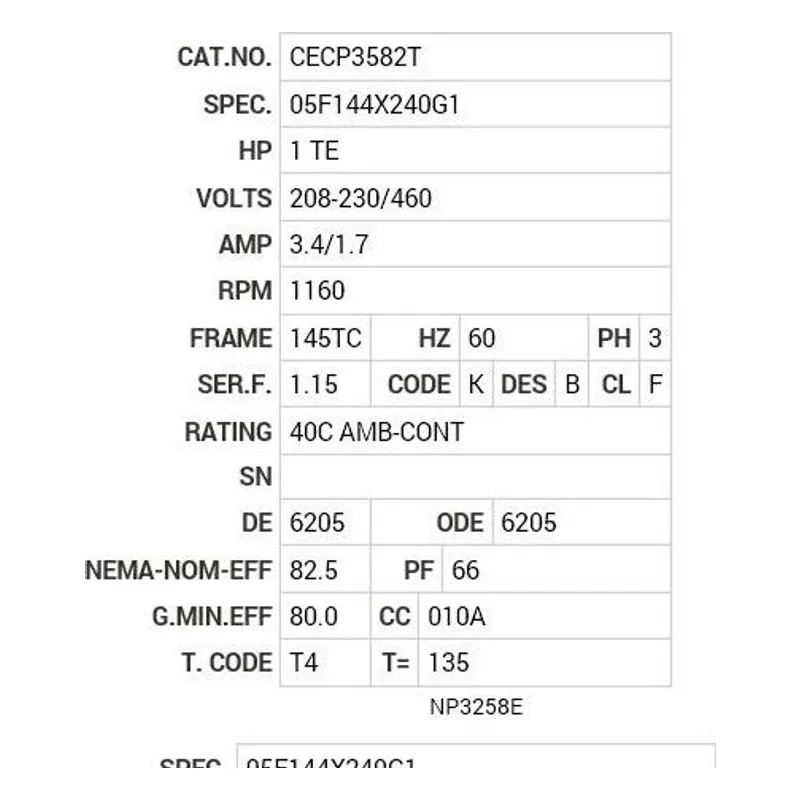 CECP3582T Baldor 1 HP, 1160 RPM, 3 PH, 60 HZ, 145TC, 0526M, TEFC, F1 Motor Nameplate - view 2