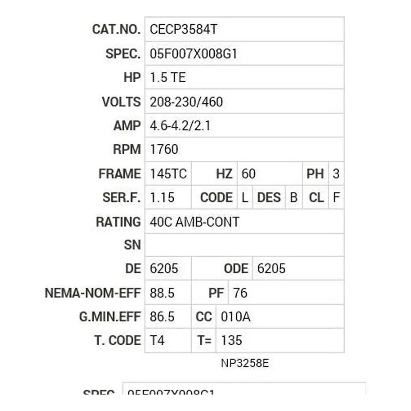 CECP3584T Baldor 1.5 HP, 1760 RPM, 3 PH, 60 HZ, 145TC, 0530M, TEFC Motor Nameplate - view 2