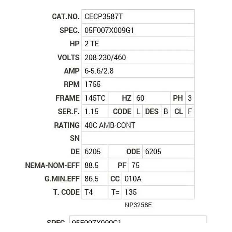 CECP3587T Baldor 2 HP, 1755 RPM, 3 PH, 60 HZ, 145TC, 0535M, TEFC, F1 Motor Nameplate - view 2