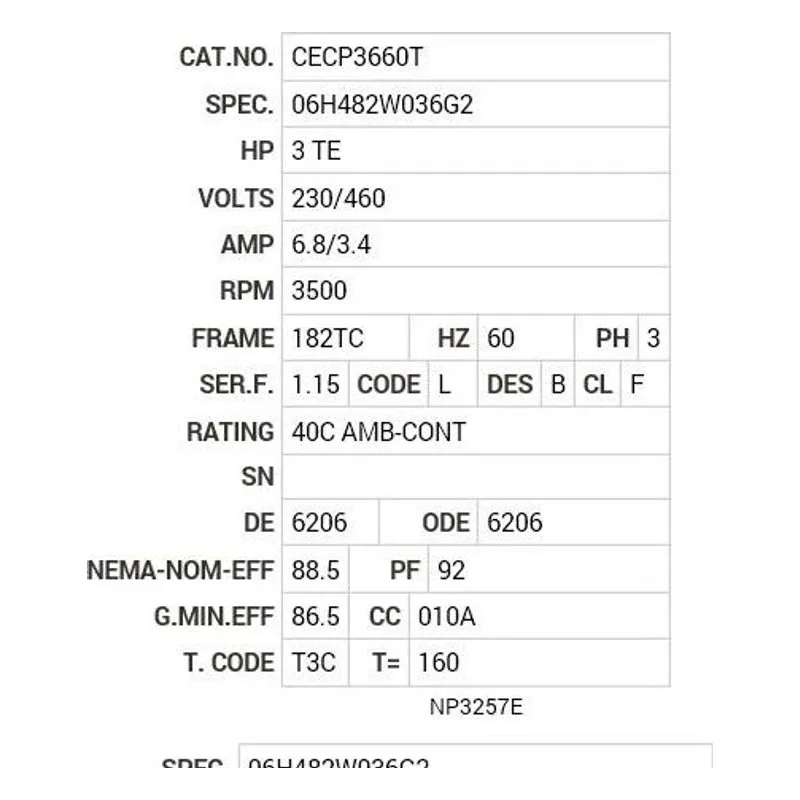 CECP3660T Baldor 3 HP, 3500 RPM, 3 PH, 60 HZ, 182TC, 0628M, TEFC, F1 Motor Nameplate - view 2