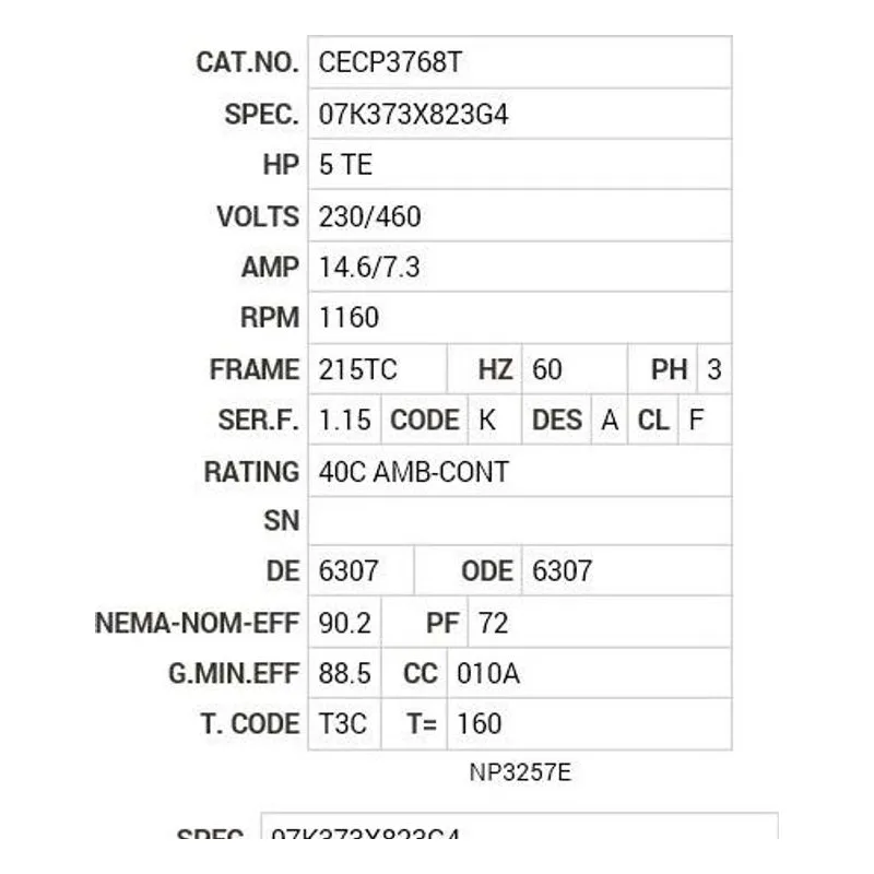 CECP3768T Baldor 5 HP, 1160 RPM, 3 PH, 60 HZ, 215TC, 0748M, TEFC, F1 Motor Nameplate - view 2