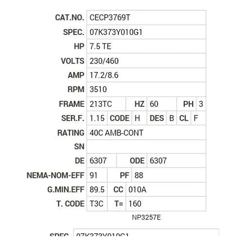 CECP3769T Baldor 7.5 HP, 3510 RPM, 3 PH, 60 HZ, 213TC, 0731M, TEFC Motor Nameplate - view 2