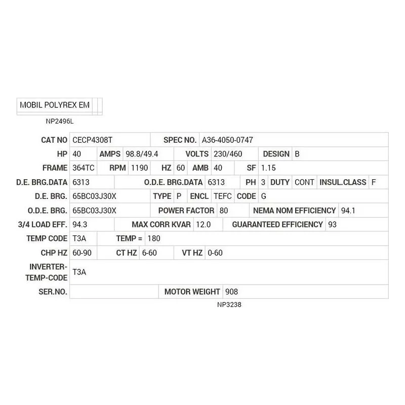 CECP4308T Baldor 40 HP, 1190 RPM, 3 PH, 60 HZ, 364TC, TEFC, F1 Motor Nameplate - view 2