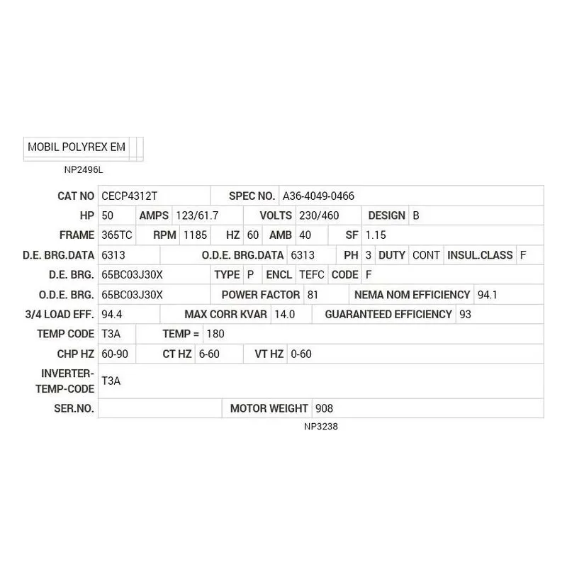 CECP4312T Baldor 50 HP, 1185 RPM, 3 PH, 60 HZ, 365TC, TEFC, F1 Motor Nameplate - view 2