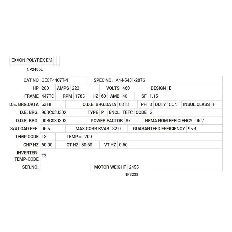 CECP4407T-4 Baldor 200 HP, 1785 RPM, 3 PH, 60 HZ, 447TC, TEFC, F1 Motor Nameplate - view 2