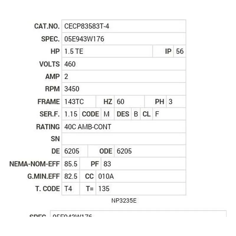 CECP83583T-4 Baldor 1.5 HP, 3450 RPM, 3 PH, 60 HZ, 143, TC, 0524M, TEFC Motor Nameplate - view 2