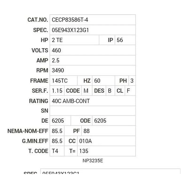 CECP83586T-4 Baldor 2 HP, 3490 RPM, 3 PH, 60 HZ, 145TC, 0526M, TEFC, F1 Motor Nameplate - view 2