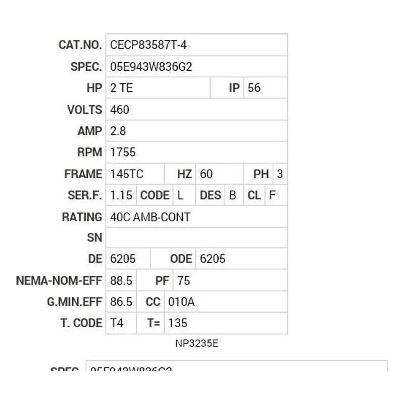 CECP83587T-4 Baldor 2 HP, 1755 RPM, 3 PH, 60 HZ, 145TC, 0535M, TEFC, F1 Motor Nameplate - view 2