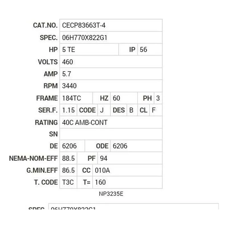 CECP83663T-4 Baldor 5 HP, 3440 RPM, 3 PH, 60 HZ, 184TC, 0643M, TEFC, F1 Motor Nameplate - view 2