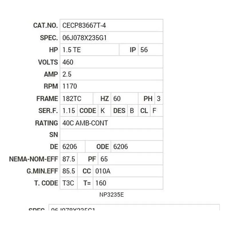 CECP83667T-4 Baldor 1.5 HP, 1170 RPM, 3 PH, 60 HZ, 182TC, 0630M, TEFC Motor Nameplate - view 2