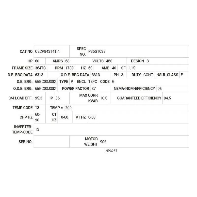 CECP84314T-4 Baldor 60 HP, 1780 RPM, 3 PH, 60 HZ, 364TC, TEFC, FOOT Motor Nameplate - view 2
