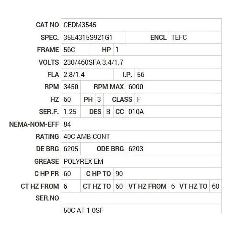 CEDM3545 Baldor 1 HP, 3450 RPM, 3 PH, 60 HZ, 56C, 3516M, TEFC, F1, N Motor Nameplate - view 2