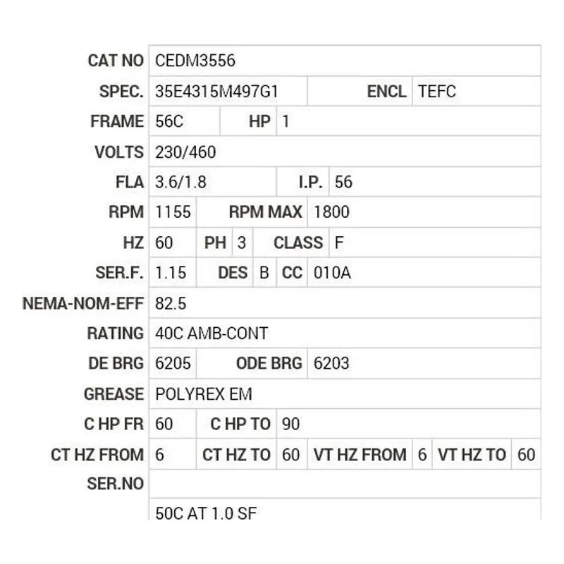 CEDM3556 Baldor 1 HP, 1155 RPM, 3 PH, 60 HZ, 56C, 3526M, TEFC, F1, N Motor Nameplate - view 2