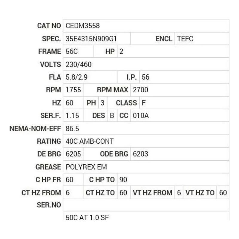 CEDM3558 Baldor 2 HP, 1755 RPM, 3 PH, 60 HZ, 56C, 3528M, TEFC, F1, N Motor Nameplate - view 2