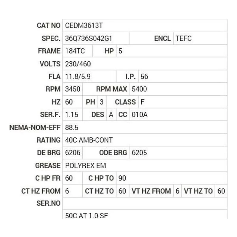 CEDM3613T Baldor 5 HP, 3450 RPM, 3 PH, 60 HZ, 184TC, 3630M, TEFC, F1 Motor Nameplate - view 2