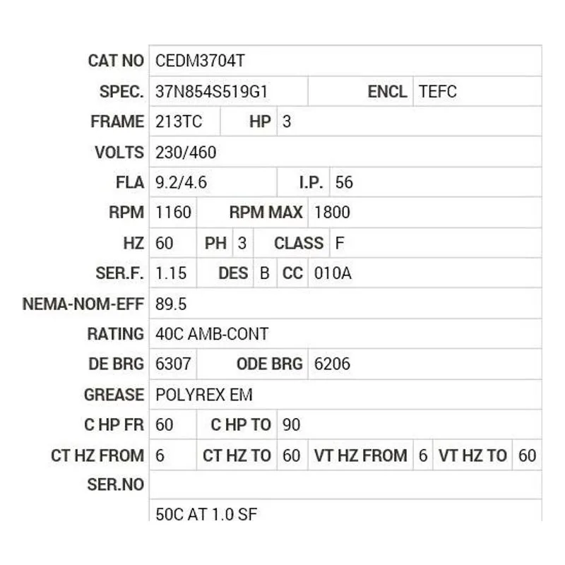 CEDM3704T Baldor 3 HP, 1160 RPM, 3 PH, 60 HZ, 213TC, 3739M, TEFC, F1 Motor Nameplate - view 2