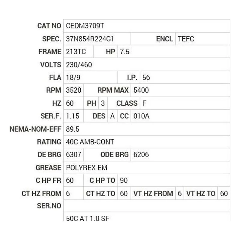 CEDM3709T Baldor 7.5 HP, 3520 RPM, 3 PH, 60 HZ, 213TC, 3728M, TEFC Motor Nameplate - view 2