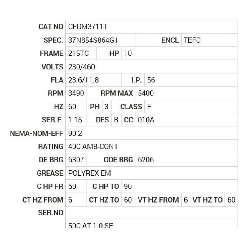 CEDM3711T Baldor 10 HP, 3490 RPM, 3 PH, 60 HZ, 215TC, 3729M, TEFC, F Motor Nameplate - view 2