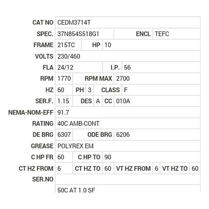 CEDM3714T Baldor 10 HP, 1770 RPM, 3 PH, 60 HZ, 215TC, 3752M, TEFC, F Motor Nameplate - view 2