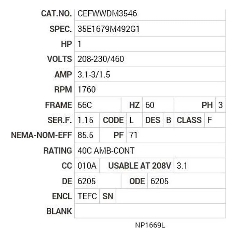 CEFWWDM3546 Baldor 1 HP, 1760 RPM, 3 PH, 60 HZ, 56C, 3519M, TEFC, F1, N Motor Nameplate - view 2