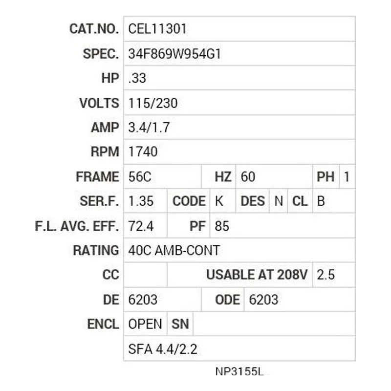 CEL11301 Baldor .33 HP, 1740 RPM, 1 PH, 60 HZ, 56C, 3418LC, OPEN, F Motor Nameplate - view 2