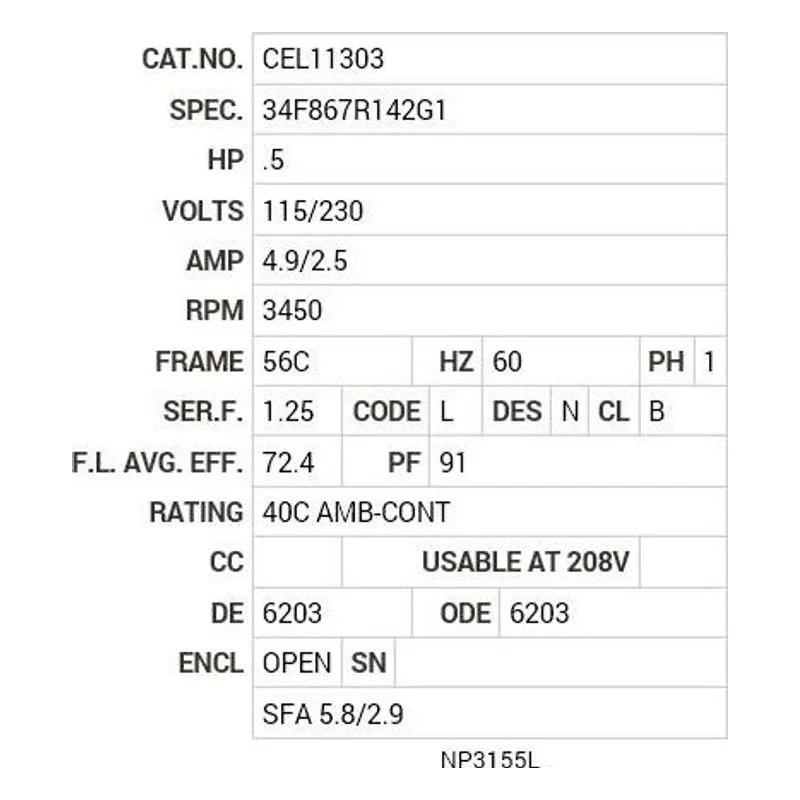 CEL11303 Baldor .5 HP, 3450 RPM, 1 PH, 60 HZ, 56C, 3413LC, OPEN, F1 Motor Nameplate - view 2