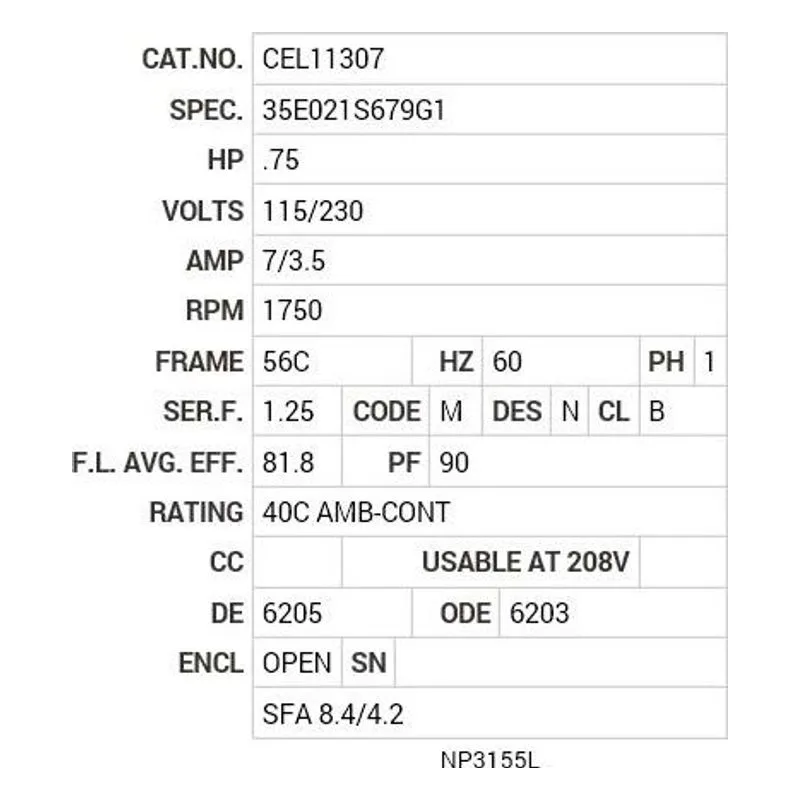 CEL11307 Baldor .75 HP, 1750 RPM, 1 PH, 60 HZ, 56C, 3524LC, OPEN, F Motor Nameplate - view 2